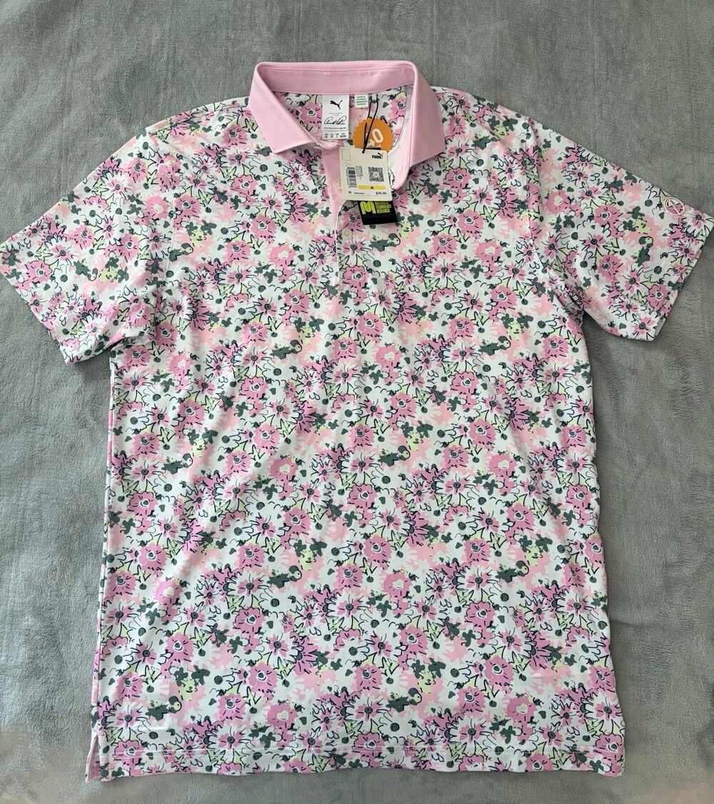 NWT MEN'S PUMA x AP FLORAL MATTR GOLF POLO 623954-02 WHITE GLOW / PINK SZ MEDIUM